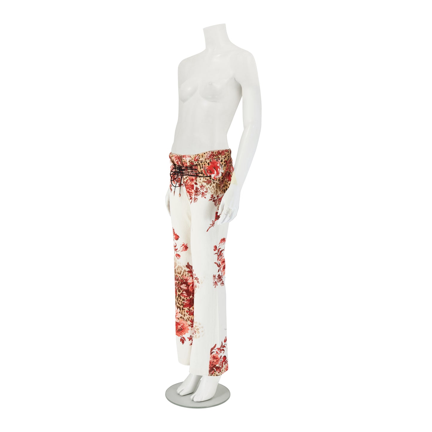 Roberto Cavalli S/S 2002 White Floral & Leopard Print Tie Up Jeans