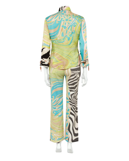Roberto Cavalli S/S 2004 Green Zebra Print Silk Top & Jeans Set