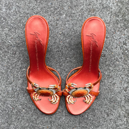 EXTREMELY RARE Giuseppe Zanotti Vintage Crystal Rhinestone Encrusted Orange Crab Sandal Heels