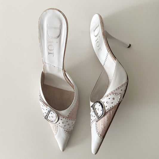 Dior by John Galliano 2000s Pink & White ‘D’ Buckle Mule Heels