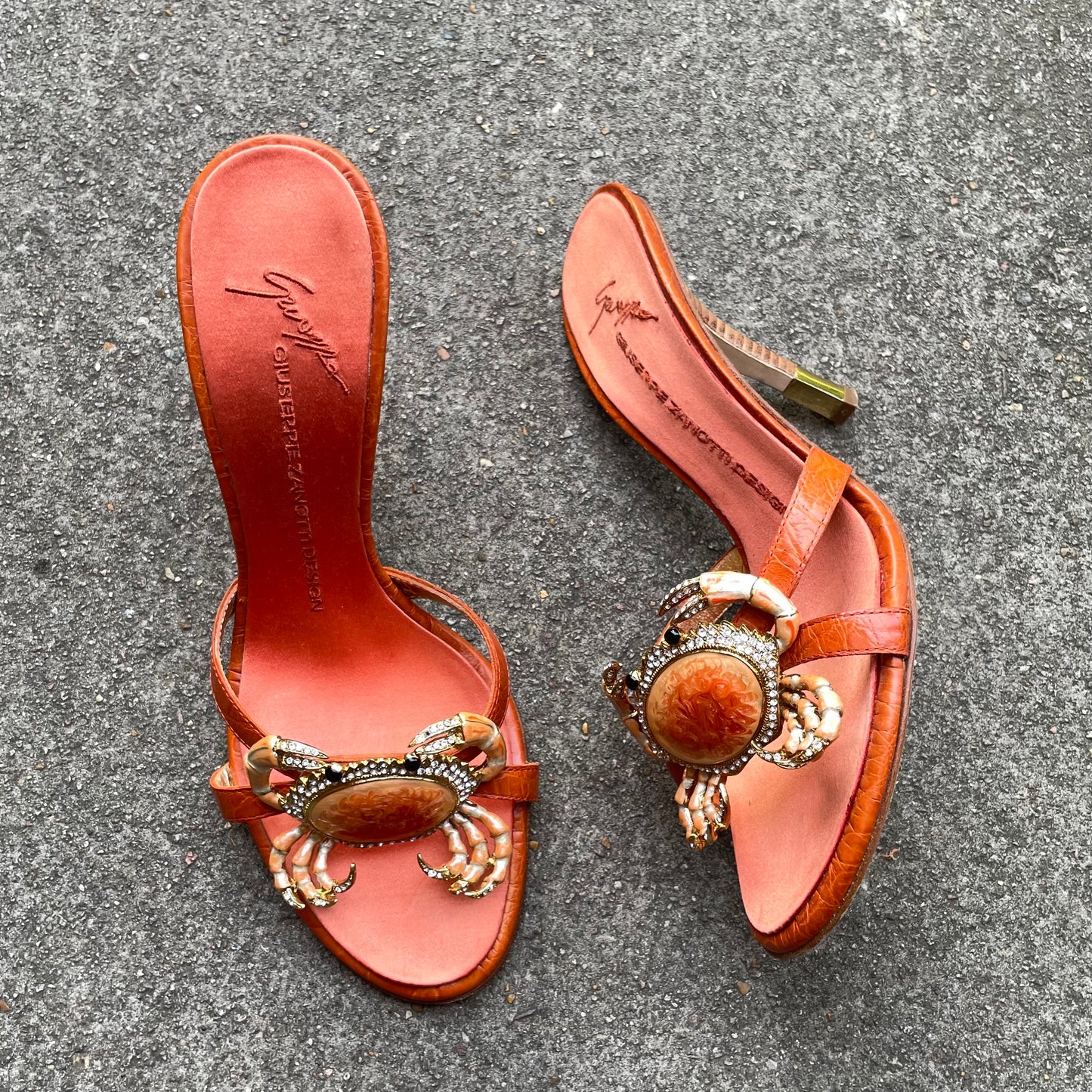 EXTREMELY RARE Giuseppe Zanotti Vintage Crystal Rhinestone Encrusted Orange Crab Sandal Heels