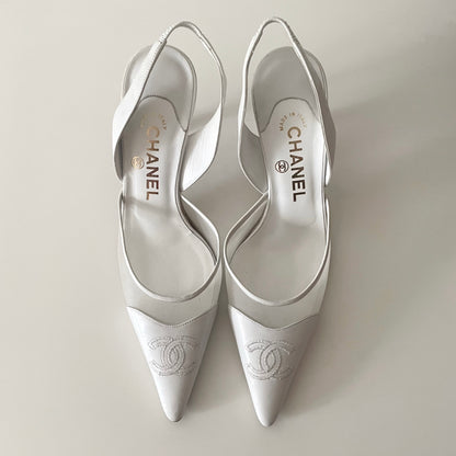 Chanel “CC” White Leather Slingback Heels