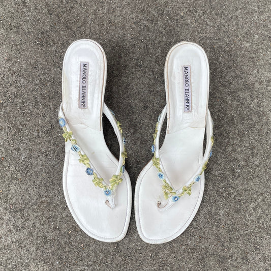 Manolo Blahnik White & Blue Green Floral Appliqué Leather Thong Sandal Heels