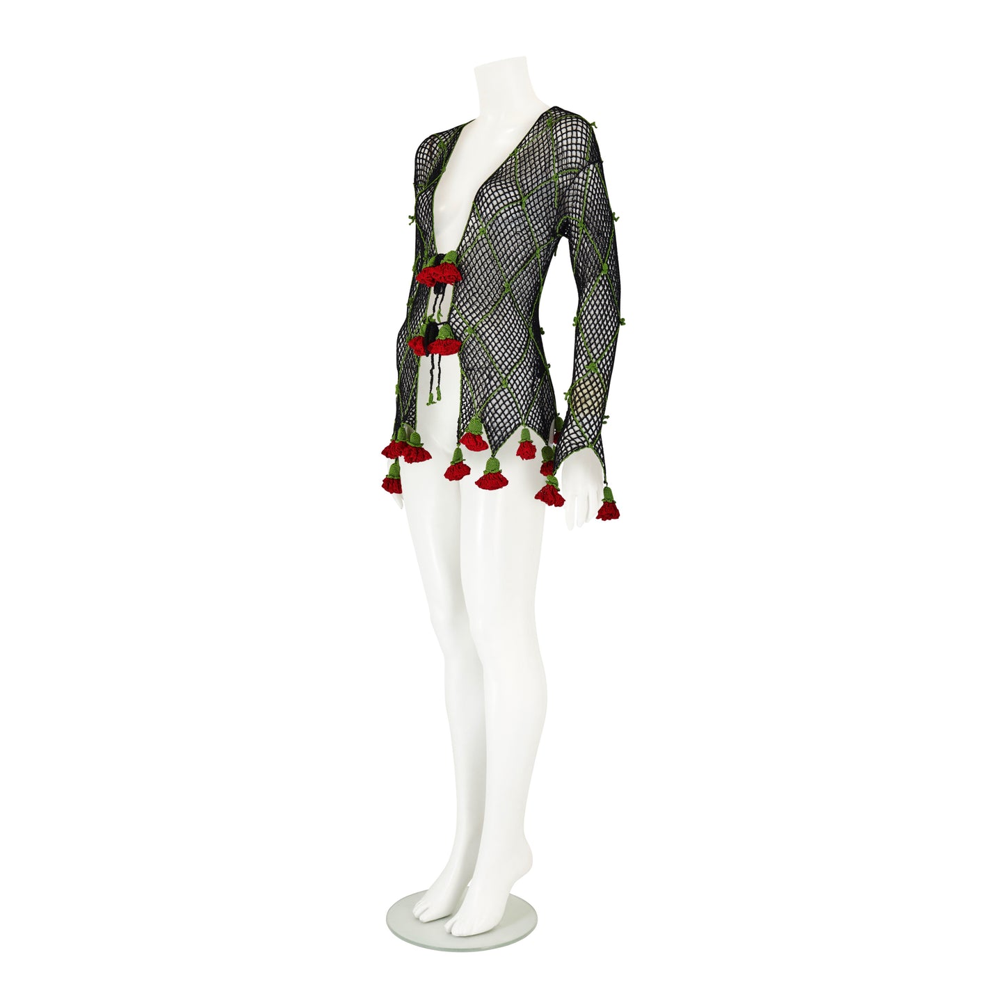 Moschino Cheap and Chic S/S 1997 Black Knit Crochet Red Rose Cardigan