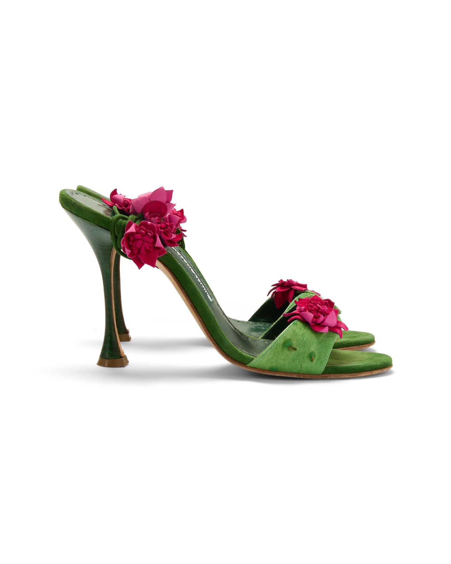 Manolo Blahnik Green Cactus Floral Embellished Wrap Heels