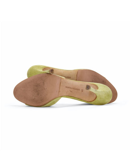 Manolo Blahnik Green Floral Eyelet Laser Cut Suede Heels