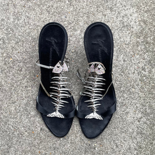 RARE Giuseppe Zanotti Rhinestone Fishbone Black Satin Sandal Heels