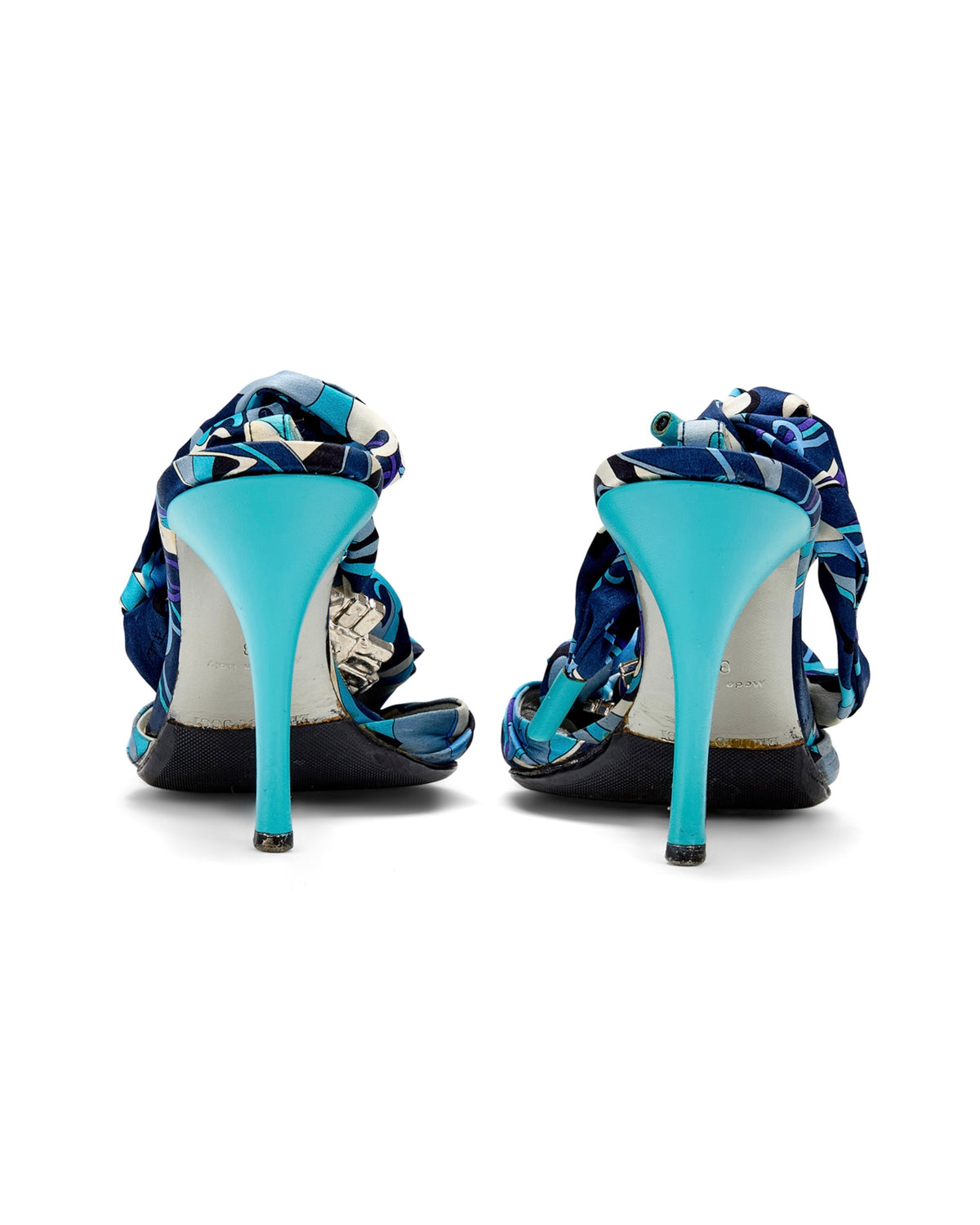 2000s Blue Silk & Silver Abstract Print Jewel Wrap Heels