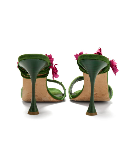 Manolo Blahnik Green Cactus Floral Embellished Wrap Heels
