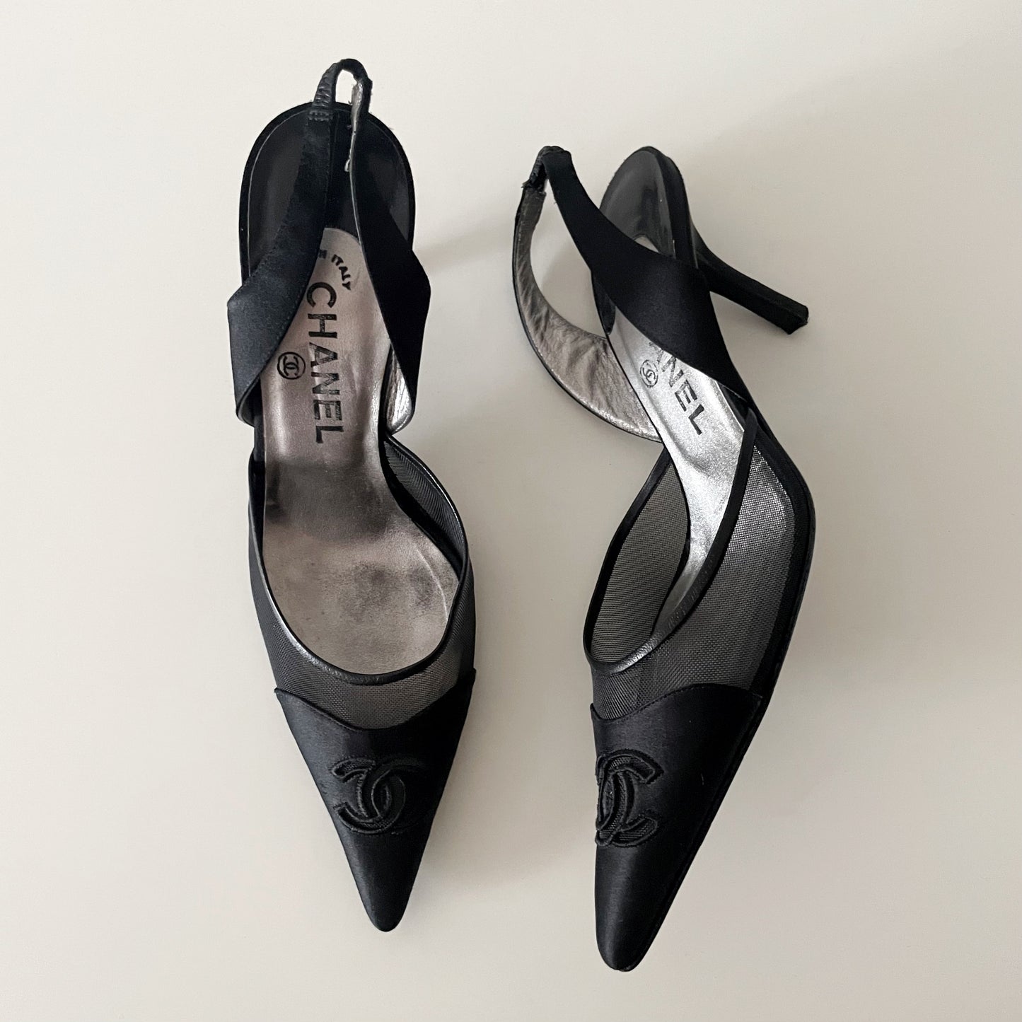 Chanel 2004 “CC” Black Satin Slingback Heels