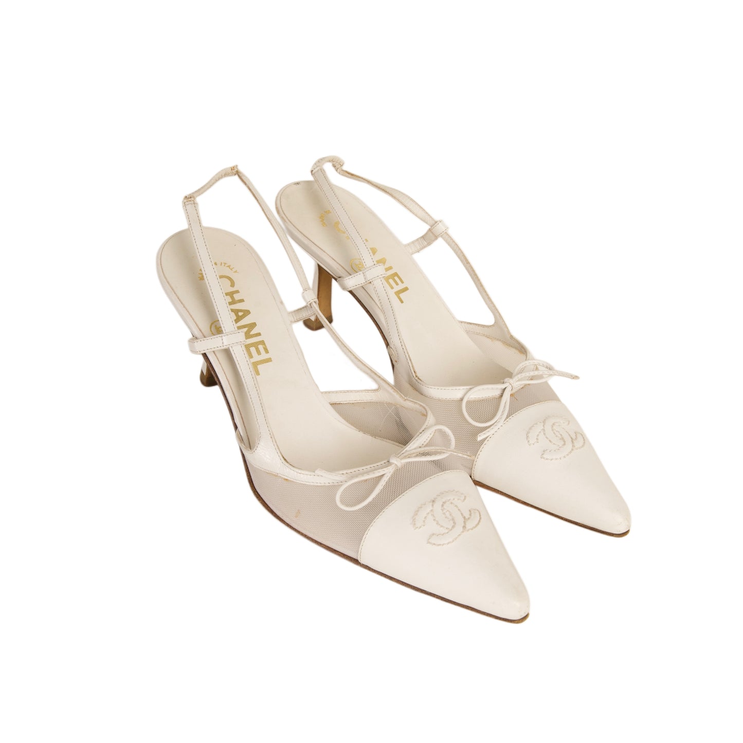 CHANEL 2005 “CC” White Bow Mesh Slingback Heels