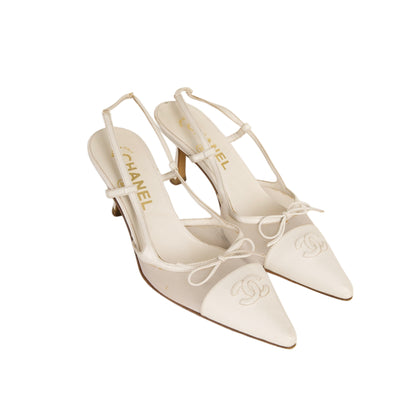 CHANEL 2005 “CC” White Bow Mesh Slingback Heels