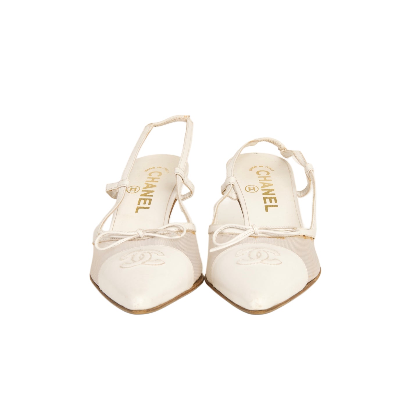 CHANEL 2005 “CC” White Bow Mesh Slingback Heels