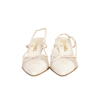 CHANEL 2005 “CC” White Bow Mesh Slingback Heels
