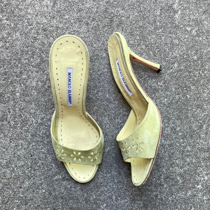 Manolo Blahnik Light Green Suede Flower Laser Cut Eyelet Sandal Heels