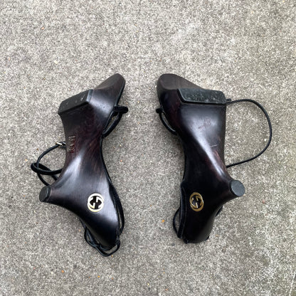 Gucci by Tom Ford 1996 “GG” Black Wood & Velvet Wedge Heels