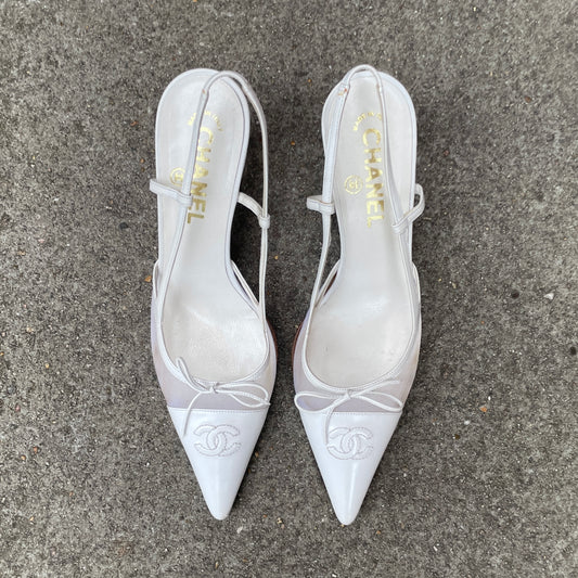 Chanel “CC” White Bow Mesh Slingback Heels