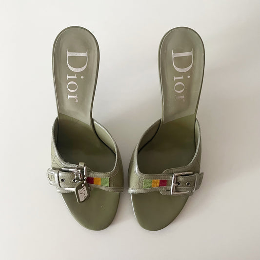 Dior by John Galliano F/W 2004 Rasta Green Buckle Cannage Sandal Heels