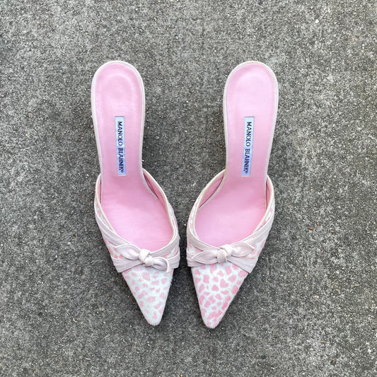 Manolo Blahnik Pink Leopard Ponyhair Mule Heels