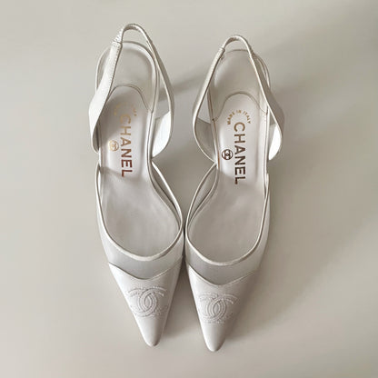 CHANEL “CC” White Mesh Leather Slingback Heels