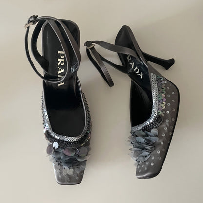 Prada F/W 1999 Grey Silver Sequin Raso Luce Pailettes Satin Ankle Strap Heels