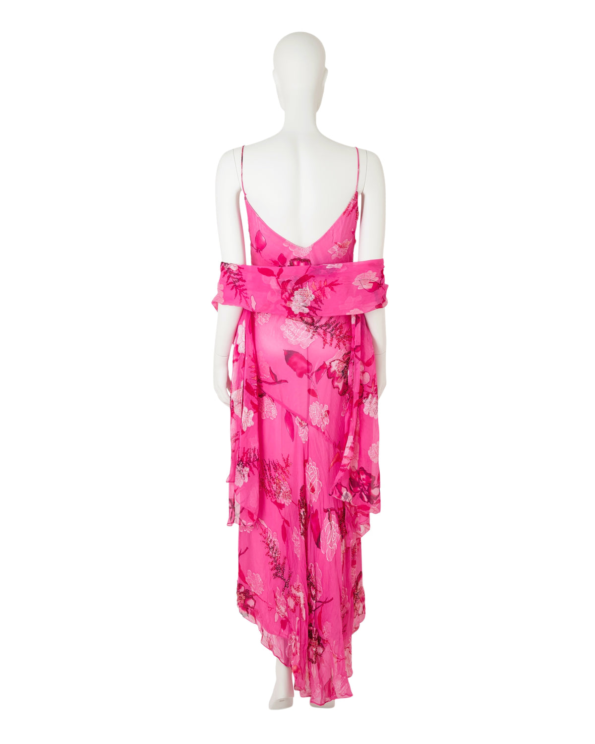 100% Silk Barbie Pink Floral Beaded Asymmetrical Dress