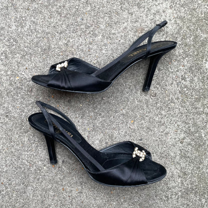 Chanel 2005 “CC” Pearl Embellished Black Satin Slingback Heels