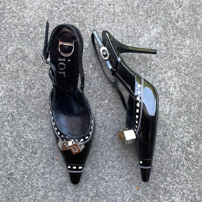 RARE Dior by John Galliano 2004 Black Gambler Dice Patent Leather Slingback Heels