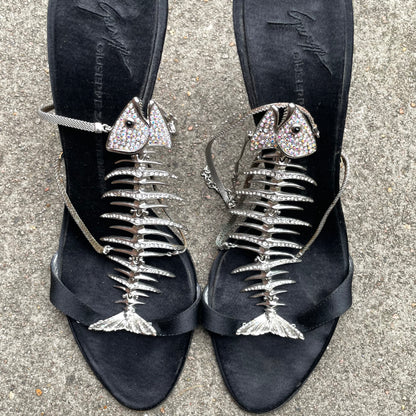 RARE Giuseppe Zanotti Rhinestone Fishbone Black Satin Sandal Heels