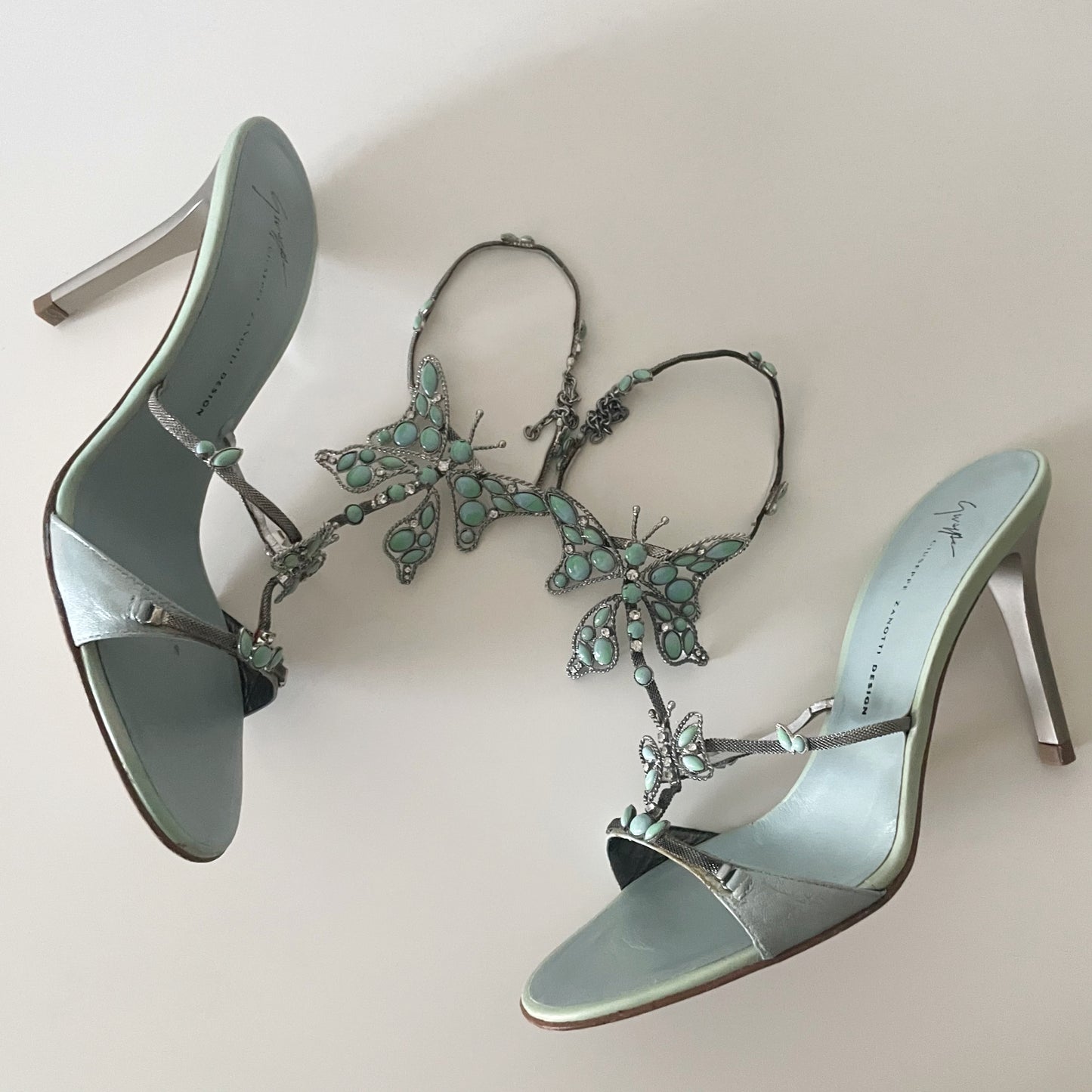 Giuseppe Zanotti S/S 2001 Vintage Blue Stone Butterfly Sandal Heels