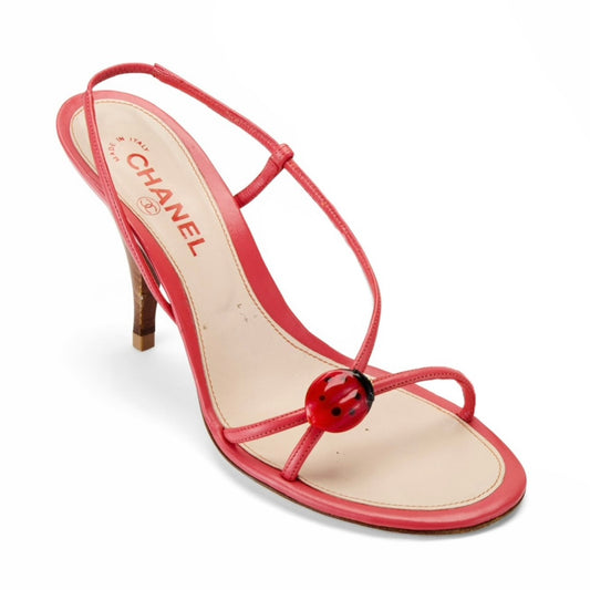 CHANEL S/S 2004 Ladybug Coral Red Leather Slingback Heels
