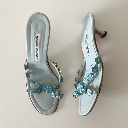 Manolo Blahnik 2000s Blue Pearlescent Flower Sandal Heels