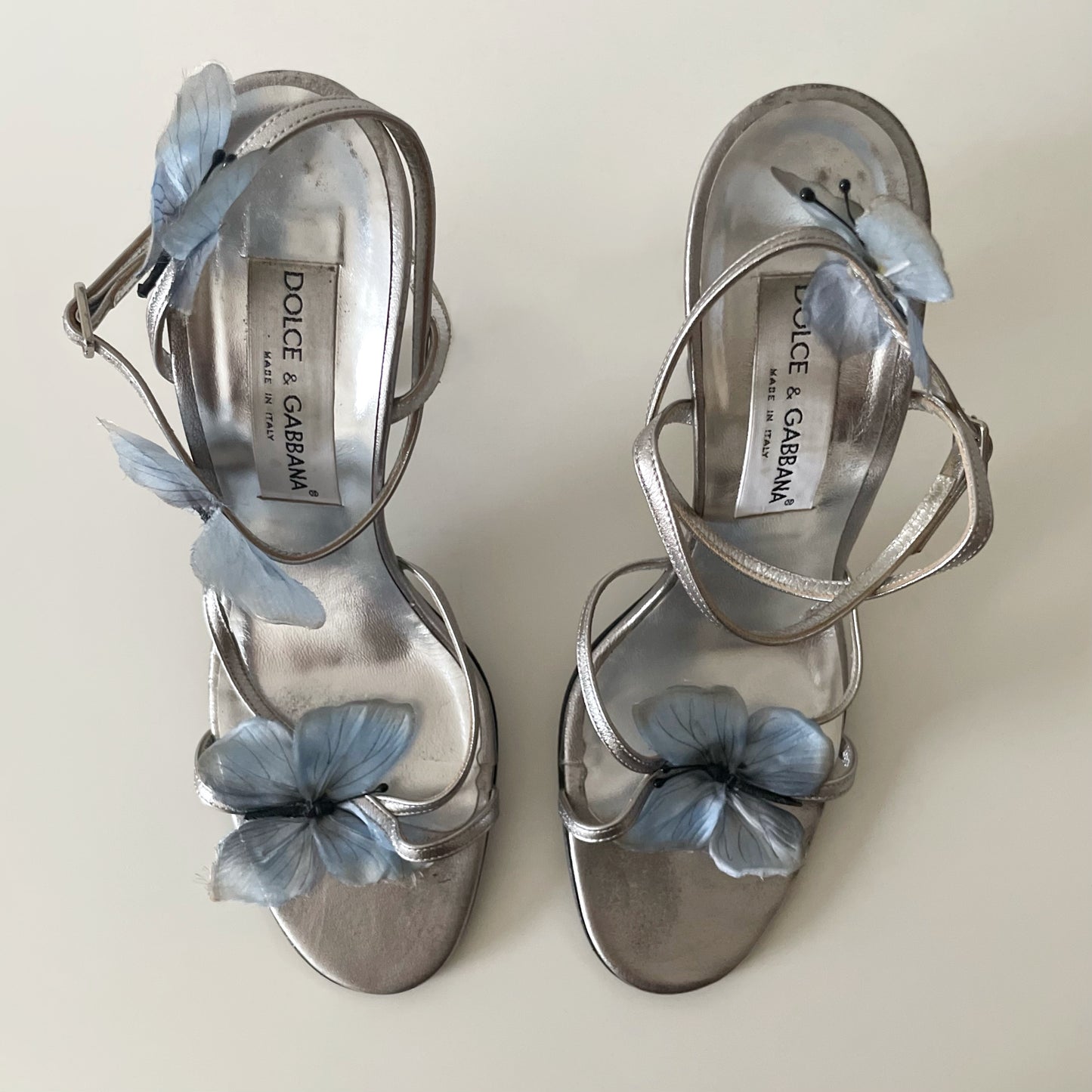 Dolce & Gabbana S/S 1998 Silver & Blue Butterfly Ankle Strap Sandal Heels