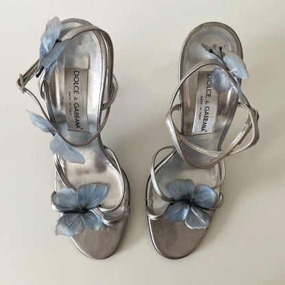 Dolce & Gabbana S/S 1998 Silver & Blue Butterfly Ankle Strap Sandal Heels