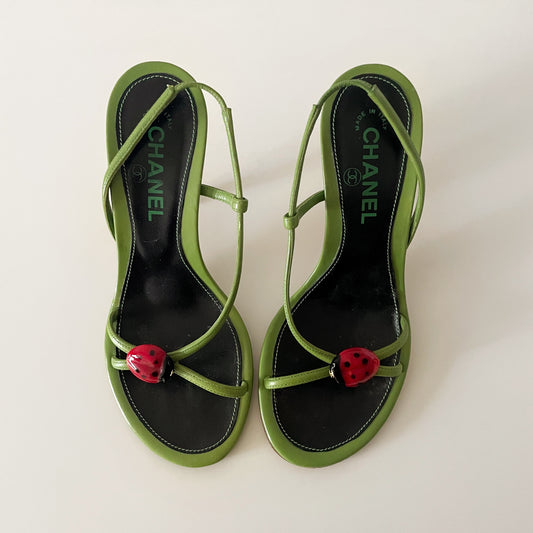 Chanel 2004 Ladybug Green Leather Slingback Heels