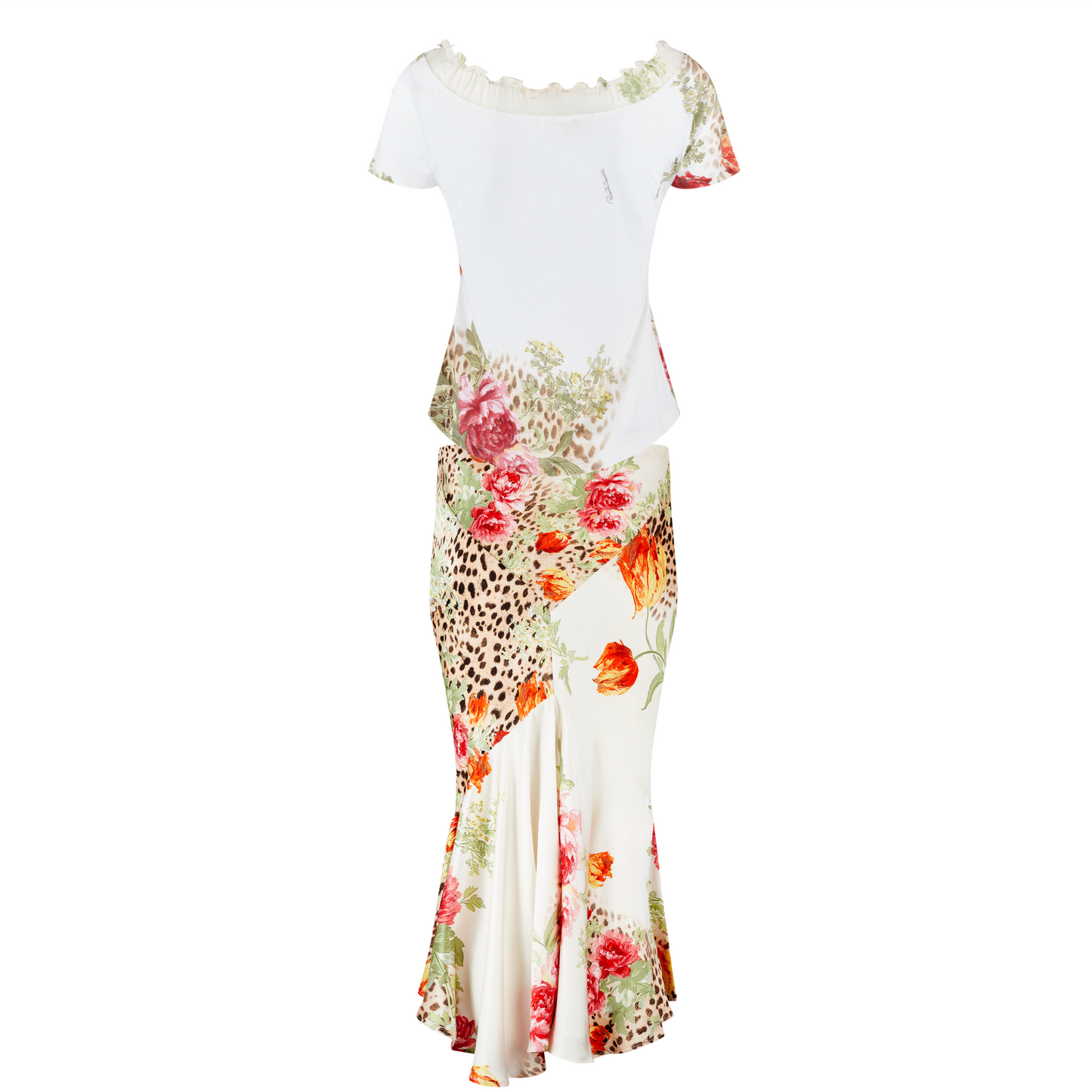 Roberto Cavalli S/S 2002 Floral Leopard Top & Silk Skirt Set