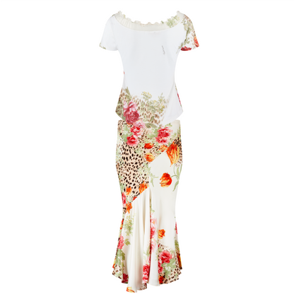 Roberto Cavalli S/S 2002 Floral Leopard Top & Silk Skirt Set