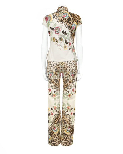 Roberto Cavalli S/S 2003 White Floral Chinoiserie Top & Jeans Set