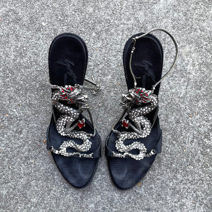 RARE Giuseppe Zanotti Silver & Red Dragon Black Satin Heels