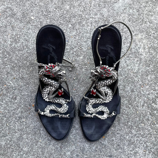 RARE Giuseppe Zanotti Silver & Red Dragon Black Satin Heels