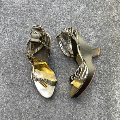 Dior by John Galliano S/S 2003 Khaki Green Padlock & Key Razor Blade Satin Wedge Heels