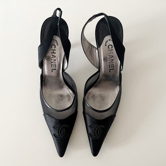 Chanel 2004 “CC” Black Satin Slingback Heels