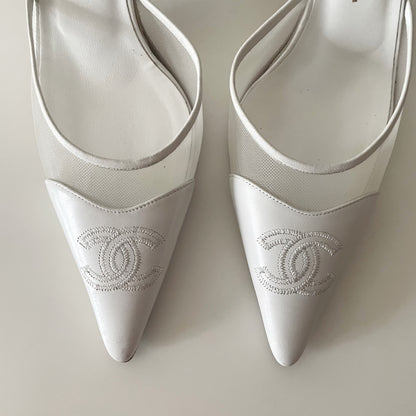 Chanel “CC” White Leather Slingback Heels