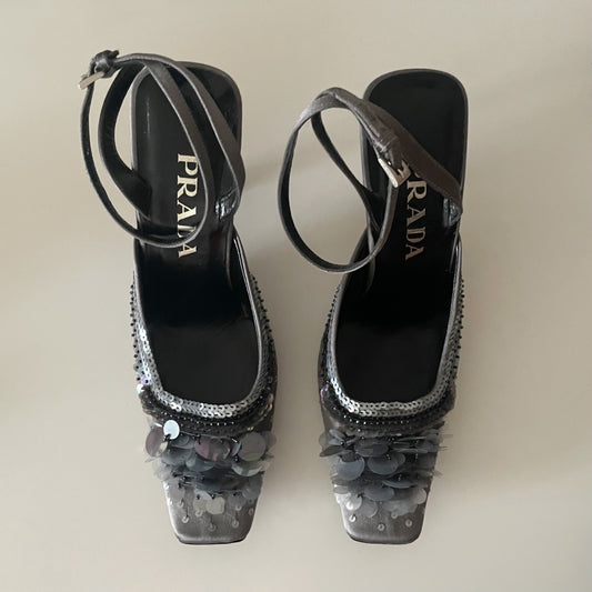 Prada F/W 1999 Grey Silver Sequin Raso Luce Pailettes Satin Ankle Strap Heels