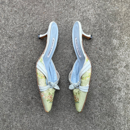 Manolo Blahnik 2000s Floral Canvas Bow Mules
