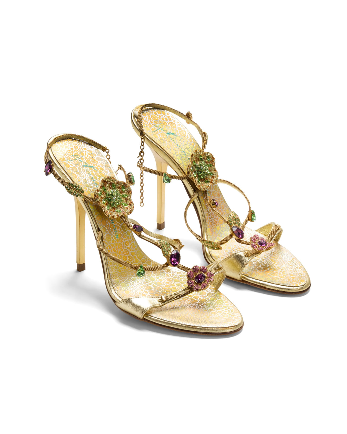 2000s Gold Pearlescent Flower Rhinestone Heels