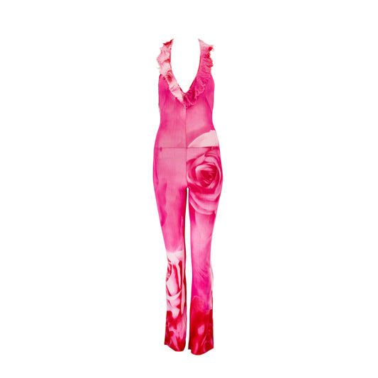 Roberto Cavalli S/S 2000 Pink Floral Rose Silk Jumpsuit
