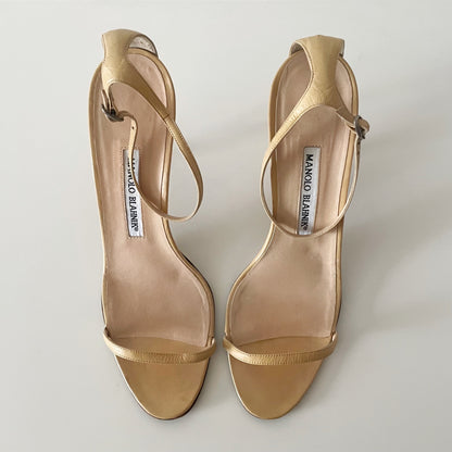 Manolo Blahnik Nude Leather Ankle Strap Sandal Heels
