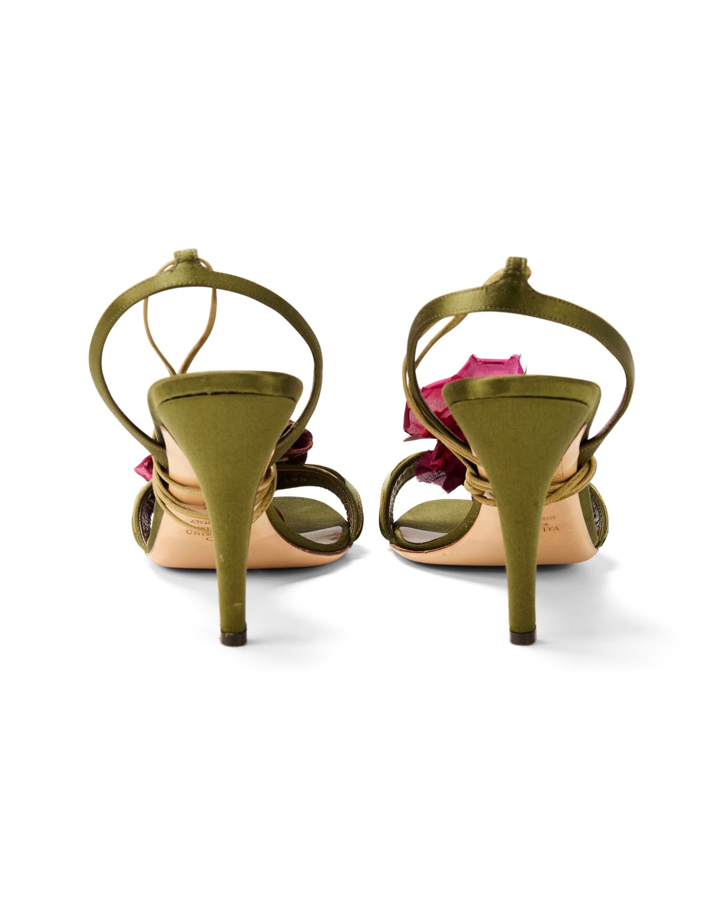 Valentino Green Satin Pink Floral Rosebud Appliqué Strappy Heels