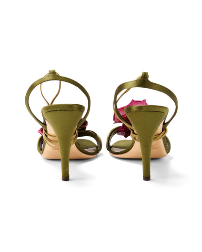 Valentino Green Satin Pink Floral Rosebud Appliqué Strappy Heels